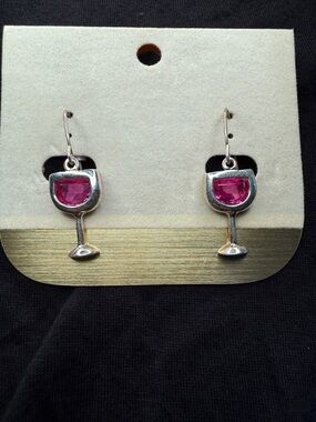 Silver Wine Glass Dangle Earrings with Pink Gem Accents